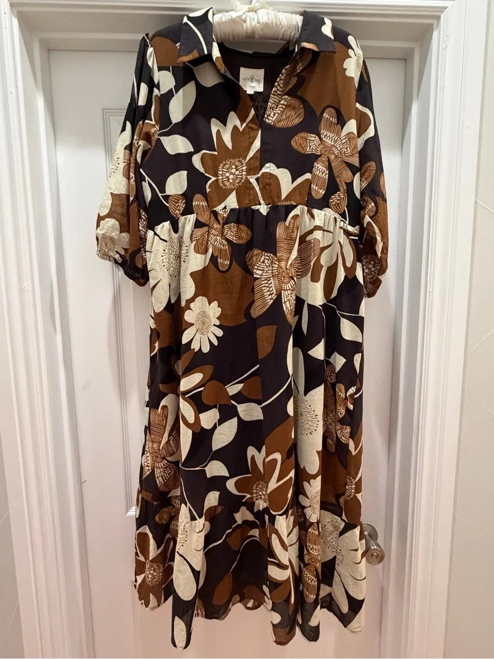 Umgee Black Brown Cream Floral Midi Dress - Picture 1 of 4